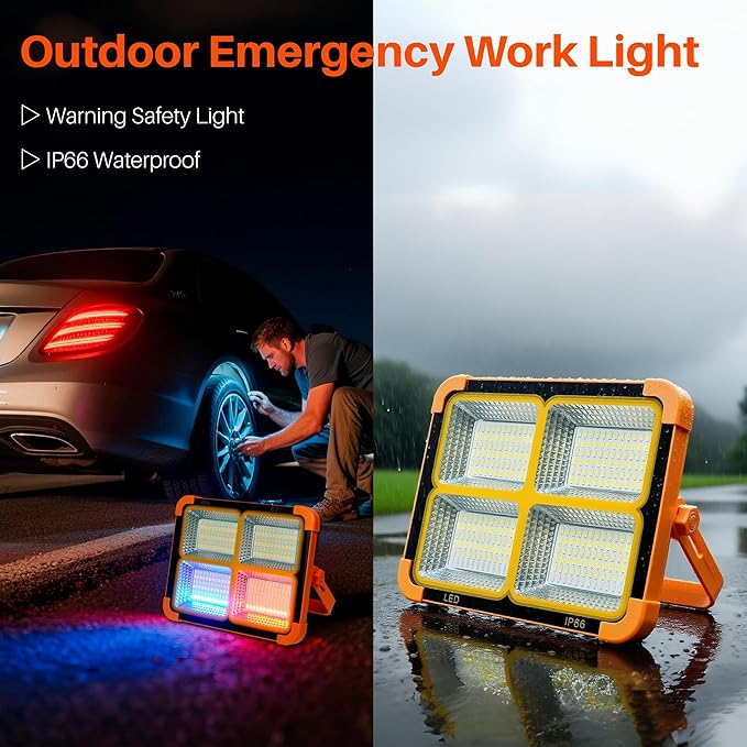 LED Solar Work Light with Magnetic, 5 Lighting Modes, IP66 Waterproof, Long Runtime, Portable Rechargeable Outdoor Working Light for Repair, Job Site, Camping, Emergency, Power Cut