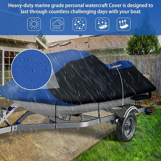 iCOVER Personal Watercraft Cover- Water Proof Heavy Duty Trailerable Jet Ski Covers for Seadoo Kawasaki Yamaha Wave Runner, Fits PWC Models Up to 125in Long