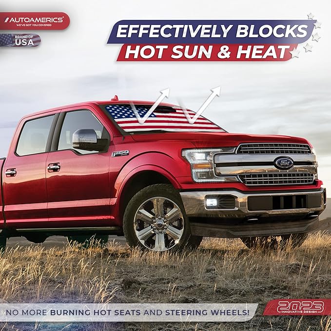 Autoamerics Truck Windshield Sun Shade with Storage Pouch & Anti-Slip Dash Pad - Foldable Original USA Flag Design - Fits Most SUVs & Trucks - Blocks UV Rays, Keeps Vehicle Cool | X-Large (66 x 36 in)