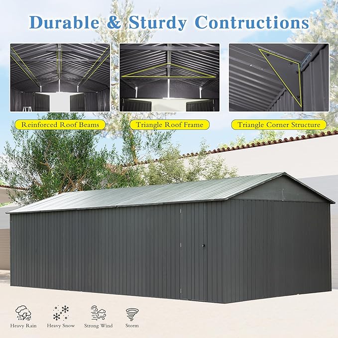 Domi 12x20FT Outdoor Garage Metal Shed, Extra Large Carport with Skylights & Dual-Entry, Backyard Storage Shed for Car, Truck, Lawn Mower and Tool, Dark Grey