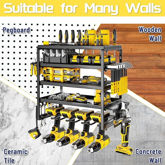 Power Tool Organizer, 5 Layer Drill Holders Wall Mount, Heavy Duty Metal Organizers and Storage Rack for Garage Organization, Tools Shelves with Screwdriver Plier Hammer Holder, Black