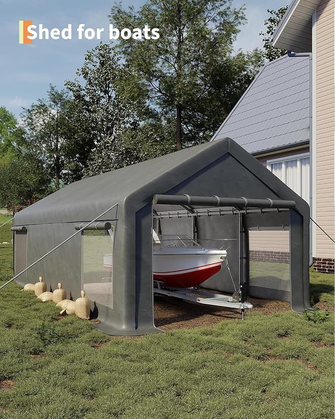 13 x 25ft Heavy-Duty Carport Canopy with Roll-Up Windows & DoorsThickened Wind Ropes, Ground Nails, Portable Car Tent Garage for Cars, Trucks, Boats, 200G Durable Tarp Cover,Grey
