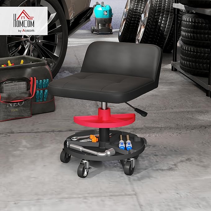 HOMCOM Rolling Mechanic Stool, 300 LBS Capacity Pneumatic Creeper Garage Stool with 360° Wheels, Backrest, Heavy Duty Roller Seat Padded Shop Chair with Tool Tray Storage, Adjustable Height, Black