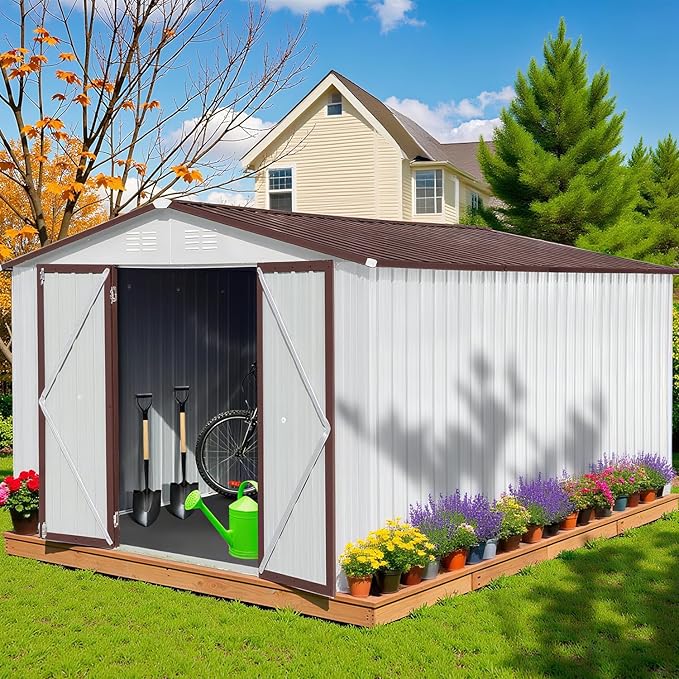 10 x 12 FT Outdoor Storage Metal Shed, Garden Bike Shed with Slooping Roof, Lockable Doors and Windows, All-Weather Tool Shed Easy to Assemble for Backyard, Patio, Lawn, White