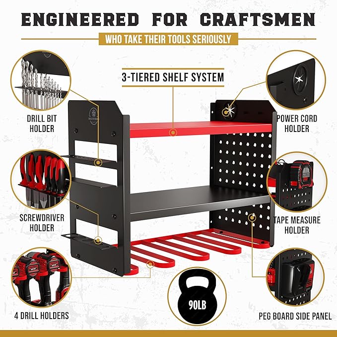 Power Tool Organizer Wall Mount - 3-Tier Heavy-Duty Metal Hand Tool Storage Rack, Utility Racks, Drill Holder, PegBoard Side, & More - Garage Storage Cordless Tool Organizer (Red)