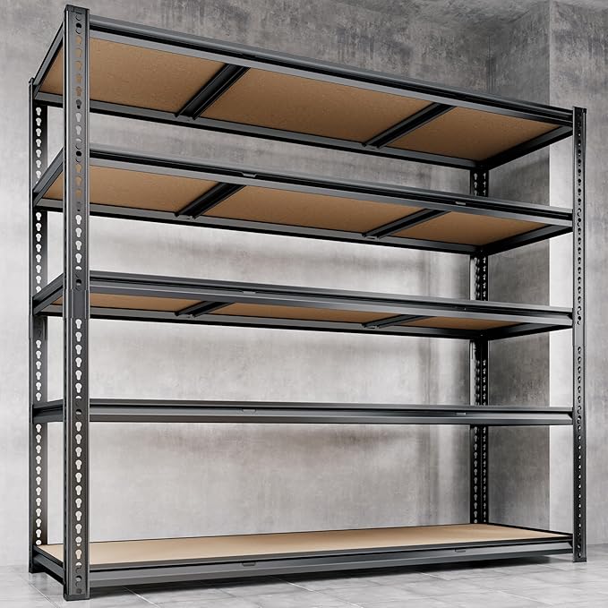 48"W Garage Shelving, 2650LBS Storage Shelves heavy duty, 5 Tier Metal Shelving Unit Adjustable Garage Shelves Heavy Duty Shelving for Warehouse,Commercial, Kitchen, 48" W × 18" D × 72" H, Black, 2PCS