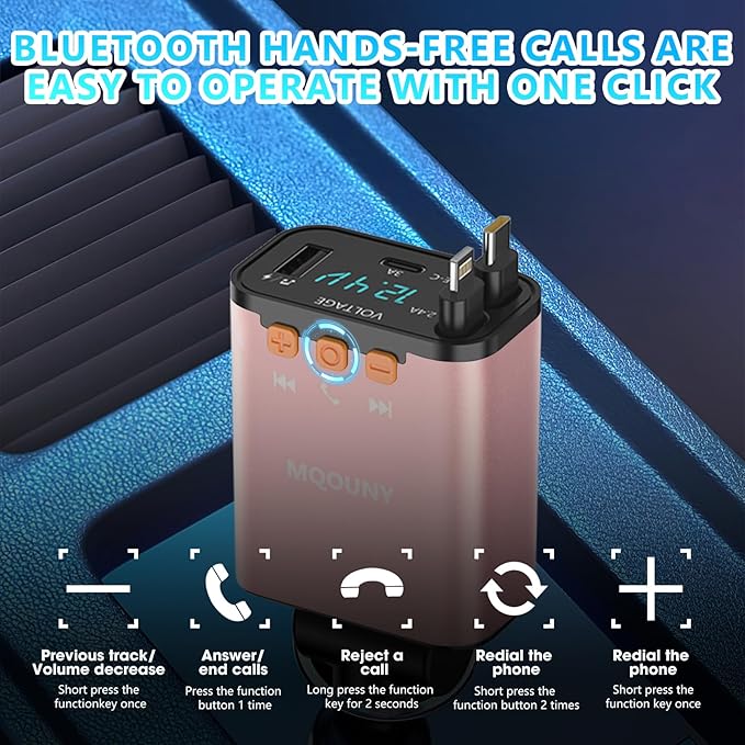 Retractable Car Charger,5 in 1 Fast Cars Phone Charger 60w,Bluetooth 5.3 FM Transmitter Adapter,Handsfree Call,MP3 Player,2 Retractable Cables and USB Chargers, for Phone,Galaxy,Pixel (Pink)