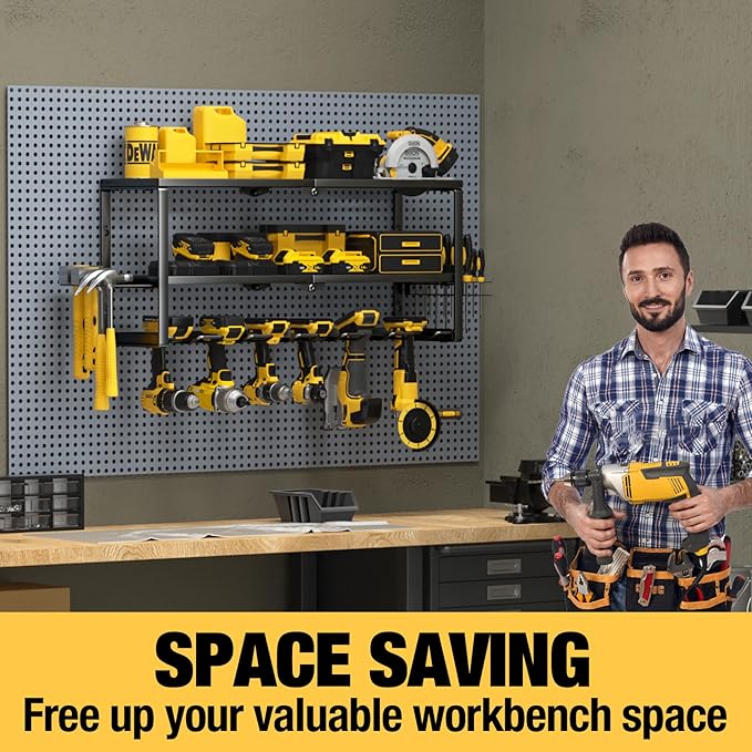 YYR Heavy Duty Power Tool Organizer Wall Mount, Cordless Drill Hanger Storage Rack, Battery Tools Holder with Charging Station Shelf for Garage Organization, Workshop, Pegboard, Shed - 24 Inch 6 Slots