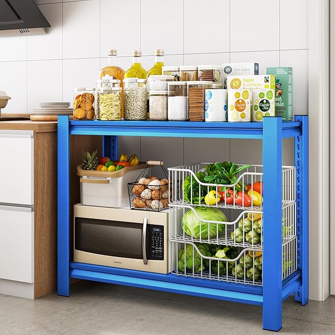 40" W Garage Shelving Heavy Duty，1000LBS Loads Adjustable Garage Storage Shelves,2-Tier Metal Storage Racks and Shelving Units, Utility Rack Shelves,40”W x 18”D x 72”H,Blue
