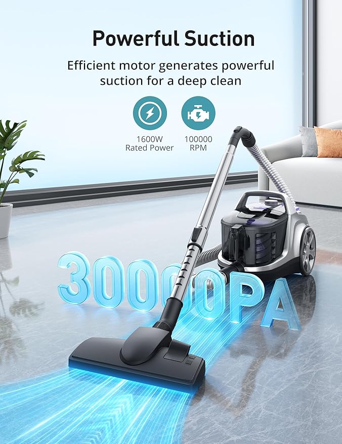 Aspiron Canister Vacuum, Upgraded 1600W Bagless Canister Vacuum Cleaner, Auto Cord Rewind, H13 HEPA Filter, 3.7Qt Large Capacity, 5 Tools for Hard Floors, Carpet, Pet, Upholstery, Tiles, Car, Violet