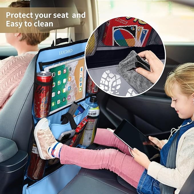 LUCMO Car Backseat Organizer with Touch Screen Tablet Holder-2 Pcs,9 Storage Pockets Car Storage Organizer Protectors Kick Mats Travel Accessories for Kids-Light Blue