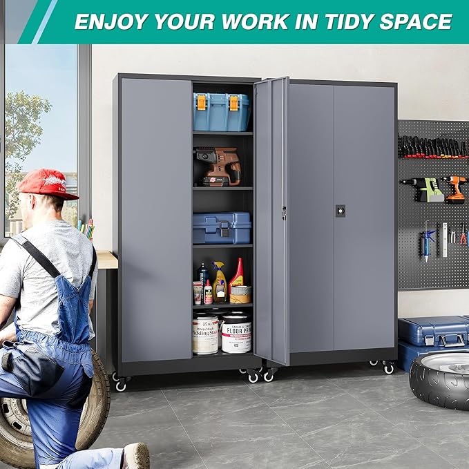 75" Tall Metal Storage Cabinet with Wheels,Rolling Garage Storage Cabinet with Lock,Gray Metal Cabinets with Wheels and Shelves,Tall Tool Cabinets on Wheel for Garage,Home,Office,Shop