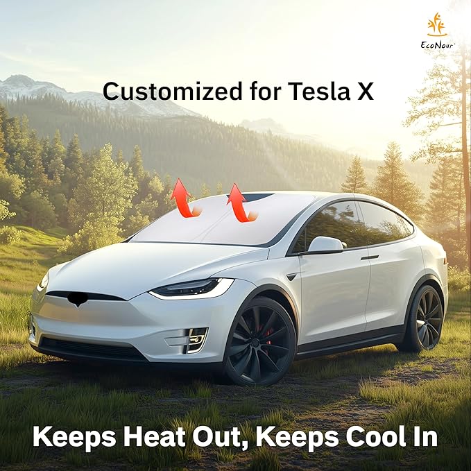 EcoNour Tesla Model X Windshield Sunshade (2016-2025) | Dual-Layer 210T Silver-Coated Material for Heat & Glare Protection | Foldable Front Window Shade | Interior Tesla Model X Accessory