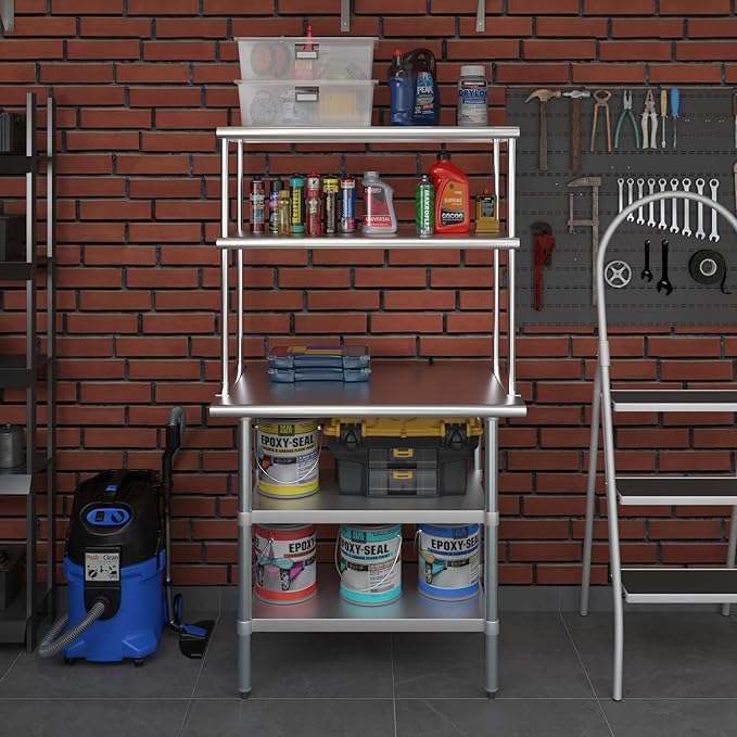 Amgood Stainless Steel Work Table with 2 Shelves | Metal Kitchen Prep Table & Shelving Combo (24" x 36" Table with 2 Shelves + 18" Overshelf)