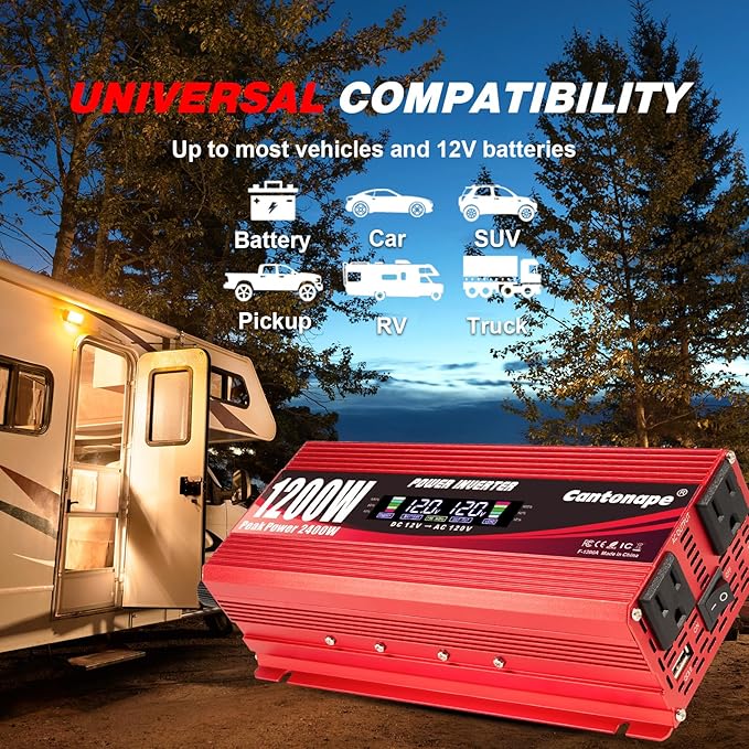 1200W/2400W(Peak) Car Power Inverter DC 12V to 110V/120V AC Converter with LCD Display Dual AC Outlets 3.0A USB and Type-C 12 Volt Inverter for Car Home Laptop Truck