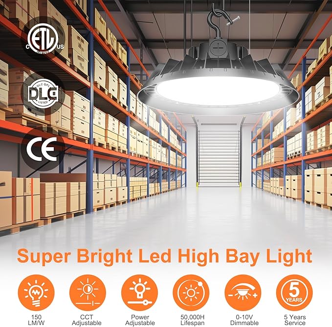 12Pack LED High Bay Lights, 150W UFO High Bay LED Shop Lights, 22500LM Adjustable CCT(5700K 5000K 4500K) & Power(150W 120W 80W), 0-10V Dimmable, 5' Cable Plug, IP65 Waterproof, ETL & DLC Listed