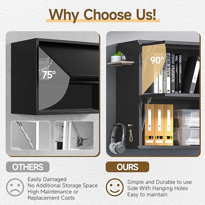 Metal Wall Cabinets with 2 Up-Flip Doors, Floating Steel Wall Mounted for Garage, Basement, Home Office, Kitchen, Warehouse - Black