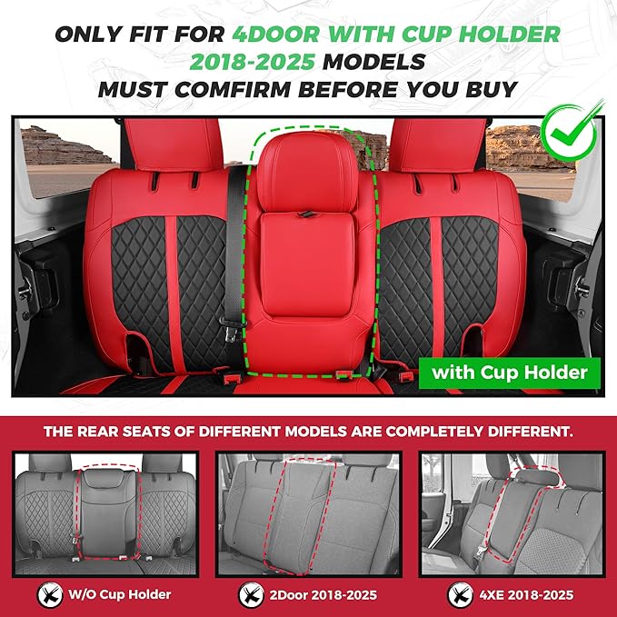 for Jeep Wrangler Seat Covers 4Door JL 2018 2019 2020 2021 2022 2023 2024 2025, Custom Fit Car Seat Cover Full Set, Luxury Waterproof Leather Seat Protectors, Red Black, with Rear Cup Holder