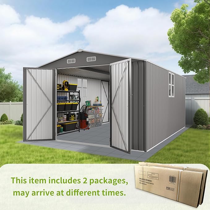 10x14 FT Outdoor Storage Shed with Window, Metal Sheds & Outdoor Storage with 3 Lockable Door and 4 Vents, Outside Storage Shed Waterproof for Backyard, Garden, Patio, Gray