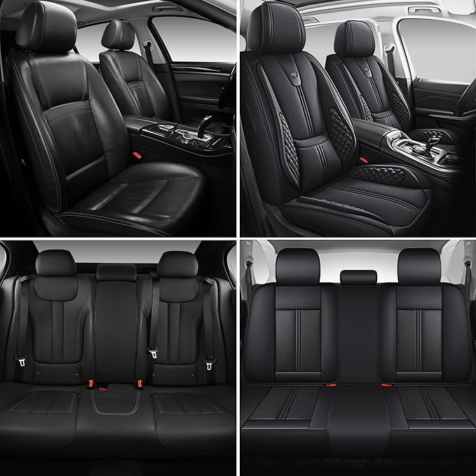 Car Seat Covers Front Only, Black Seat Cover for Cars Compatible Airbag, Easy Install Luxury Leather Automotive Seat Covers with Lumbar Support, for Car, Truck, SUV, Black