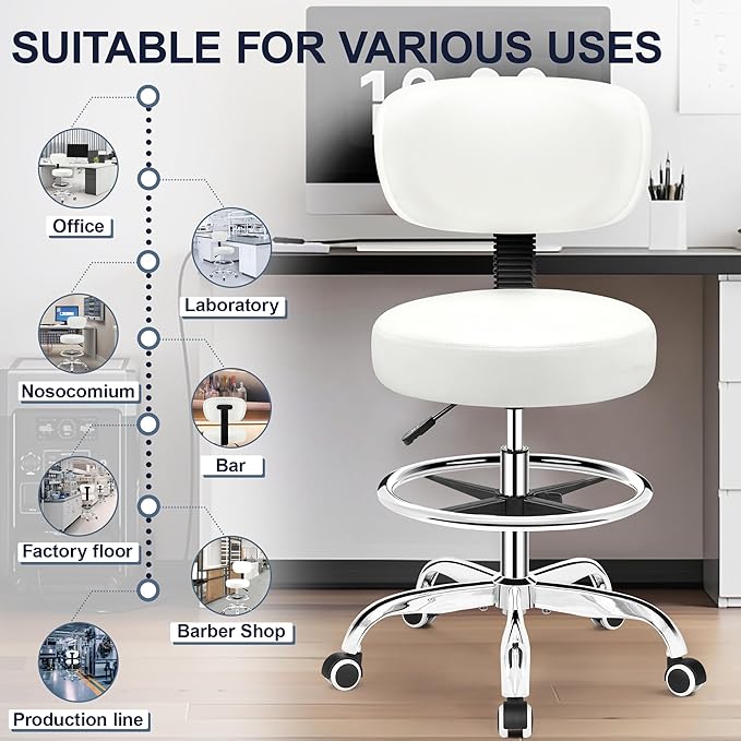 Drafting Chair with Backrest – Adjustable Foot Rest Rolling Stool with Wheels, PU Leather Swivel Stool for Office Spa Studio Lab Counter Salon Home Work Bar Kitchen Shop(White)