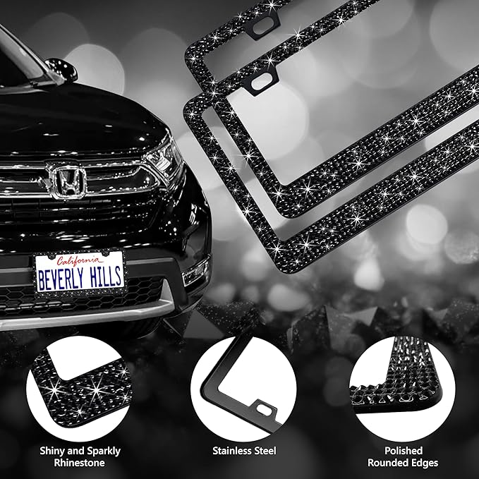 2 Pack Black Bling License Plate Frames for Women - Stainless Steel with Diamond Sparkly Rhinestone License Plate Holders - Perfect Birthday for Auto Lovers