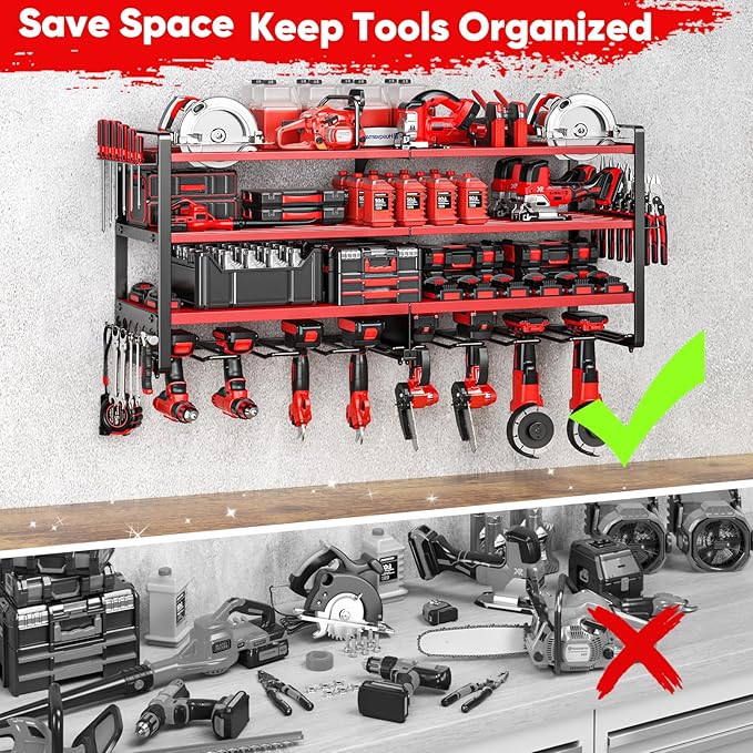 Upgrade Large power tool organizer Wall Mount,4 Layers Heavy Duty Metal Loads 400lbs Power Tool Hanger Shelf Battery Storage with 8 Cordless Drill Bit Holder,Utility Racks for Garage Tool Room