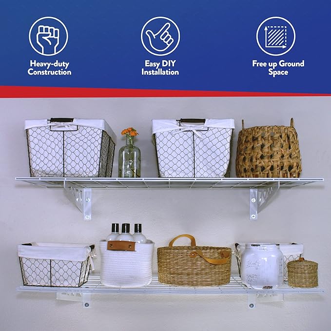 SafeRacks Wall Shelves - 2 Pk 12"x36" Wall Mountable Shelving Unit for Pantry or Utility, Heavy Duty Shelves w/ 4 Accessory Hooks, 300lbs Capacity, White