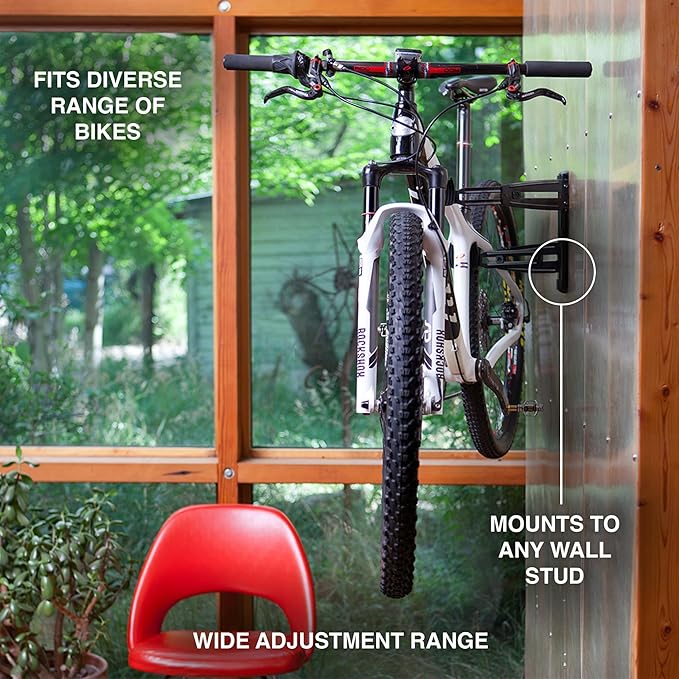 FEEDBACK SPORTS | Velo Wall Rack 2D Bike Storage | Bicycle Hangar Mount W/Adjustable Arms | Road, Gravel, Mountain Bike Compatible | For Garage, Apartment, Shed | Black