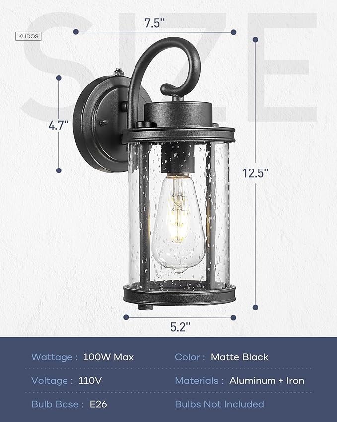 kudos Dusk to Dawn Outdoor Lighting, 12.5 inch Porch Lights Outdoor, Anti-Rust Waterproof Cylinder Wall Light for Patio, Garage, Black with Seeded Glass, KDOWL01-BK-LC