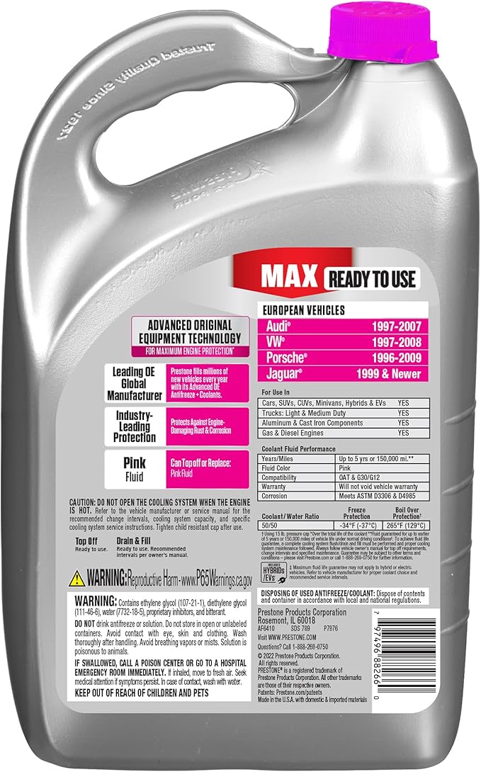 Prestone MAX Euro Pink 50/50 Antifreeze Automotive Coolant, Pack of One