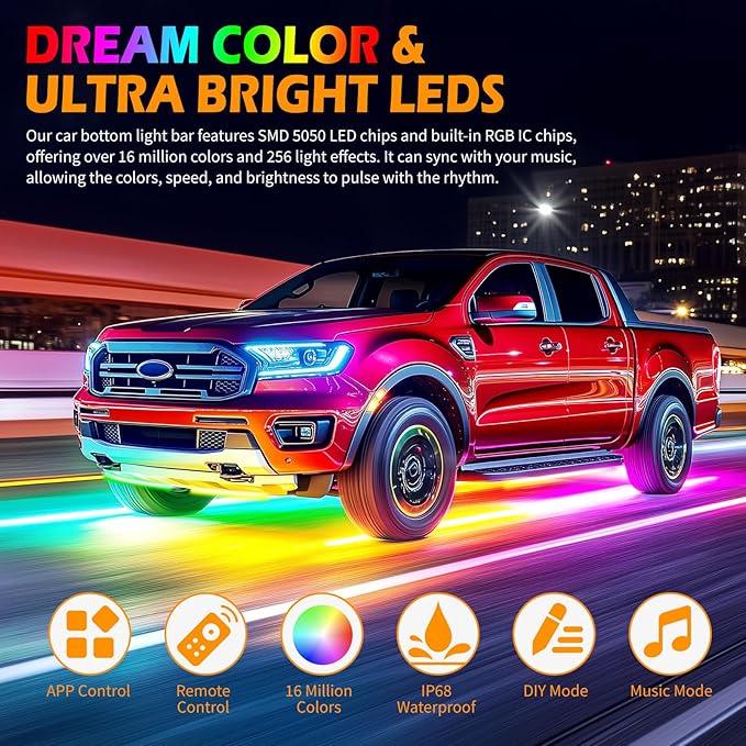 JMTBNO Car Underglow Neon Accent Strip Lights,6pcs Double Row Underglow Exterior Car Lights with APP Control Underbody Compatible with Chevy Silverado 1500 Ford F-150 F-250 F-350