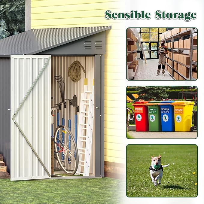 Storage Shed 4 * 8 FT Lean to Shed Metal Sheds & Outdoor Storage Cabinet Lockable Tool Organization Bike Mower Shed Portable Outside for Garden Patio, Grey