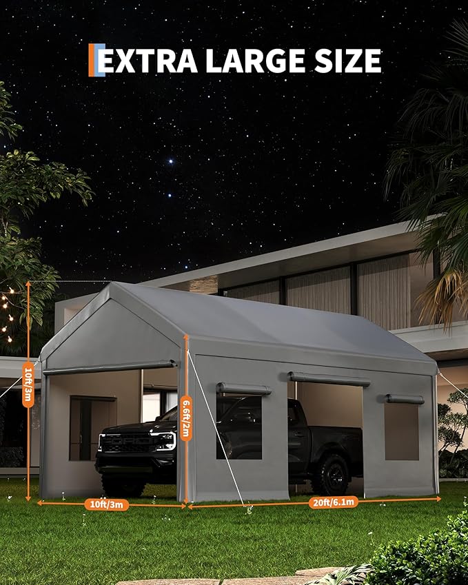 10 x 20ft Heavy-Duty Carport with Roll-Up Windows & Removable Sidewalls & Doors Thickened Wind Ropes, Ground Nails, Portable Car Tent Garage for Cars, Trucks, Boats, 180G Durable Tarp Cover,Grey