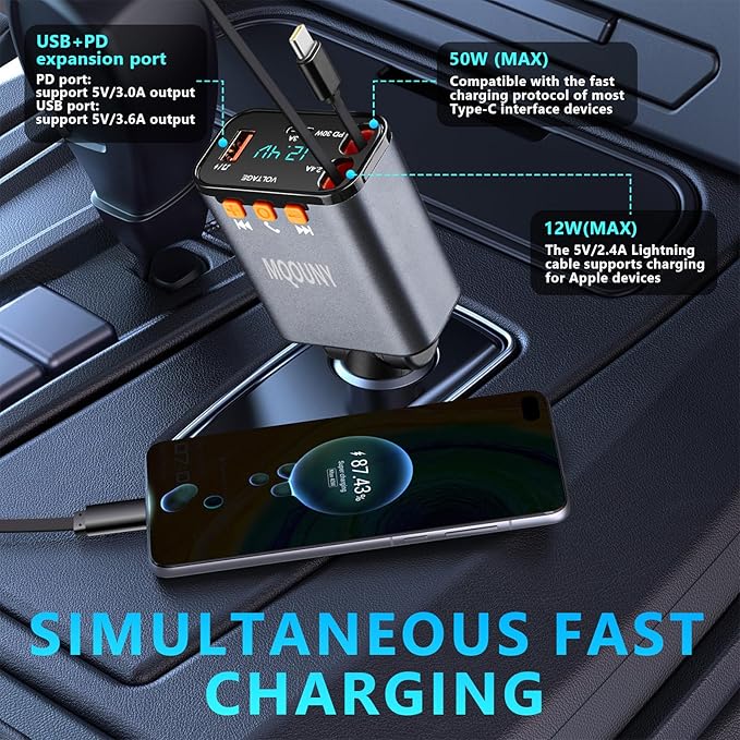Retractable Car Charger,5 in 1 Fast Cars Phone Charger 60w,Bluetooth 5.3 FM Transmitter Adapter,Handsfree Call,MP3 Player,2 Retractable Cables and USB Chargers, for Phone,Galaxy,Pixel (Black)