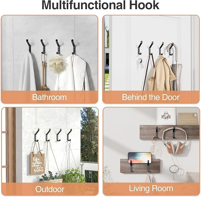 Coat Hooks Wall Mount for Hanging: 20LB Sturdy Hanger for Backpack, Towel, Bag, for Closet, Bathroom, Door, Mushroom, Stainless Black 4 Pack, 3.75"