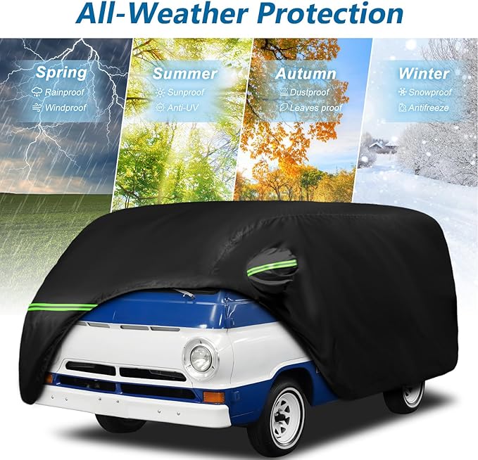 Car Cover for 1964-1970 Dodge A100 for VW Bus T1 T2 T3 1950-1992, 420D Oxford Cloth Sun Heat Protection Outdoor Covers with Driver Side Zipper Windproof Heavy Duty All Weather