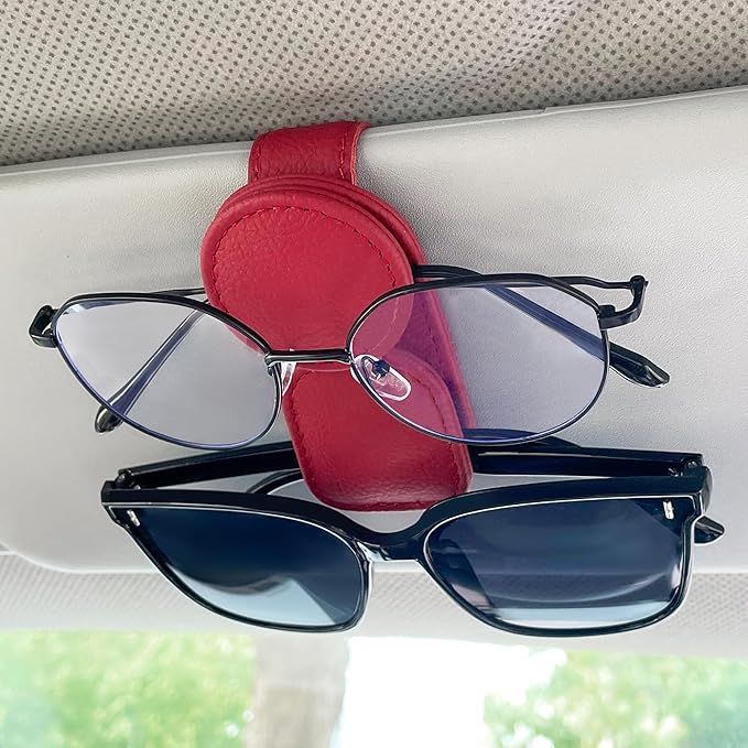KIWEN Sunglasses Holder for Car Visor, Magnetic Leather Sunglass Eyeglass Hanger Clip for Car Sun Visor Accessories (1, Red)