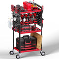 Power Tool Organizer Cart, Garage Tool Storage, Heavy Duty 4 Tier Floor Standing Rolling Shelf with Wheels, Mobile Workbench for Garage Workshop Home Repair, Gift for Father Men Husband, Red