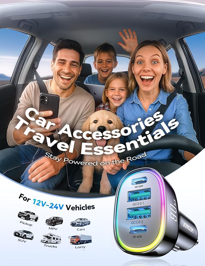 JOYROOM Car Charger USB C, 90W 4 Port Car Charger Adapter for iPhone 16 Fast Charging, Road Trip Essentials Fast Cigarette Lighter Adapter, Truck Car Accessories for iPhone15/14 Pro, Samsung S25/S24