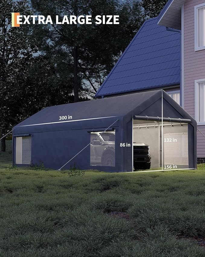 13 x 25ft Heavy-Duty Carport Canopy with Roll-Up Windows & DoorsThickened Wind Ropes, Ground Nails, Portable Car Tent Garage for Cars, Trucks, Boats, 200G Durable Tarp Cover,Grey