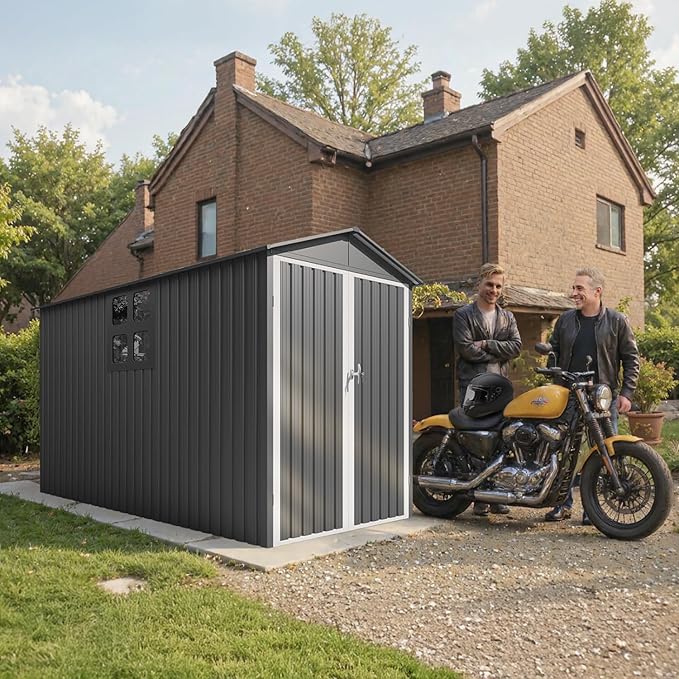 5’ x 10’ Motorcycle Storage Sheds, Metal Shelter & Garage with Windows and Lockable Door Handle, Heavy Duty Vehicle Shed for All Weather, Track System Included, Anthracite with White Trim