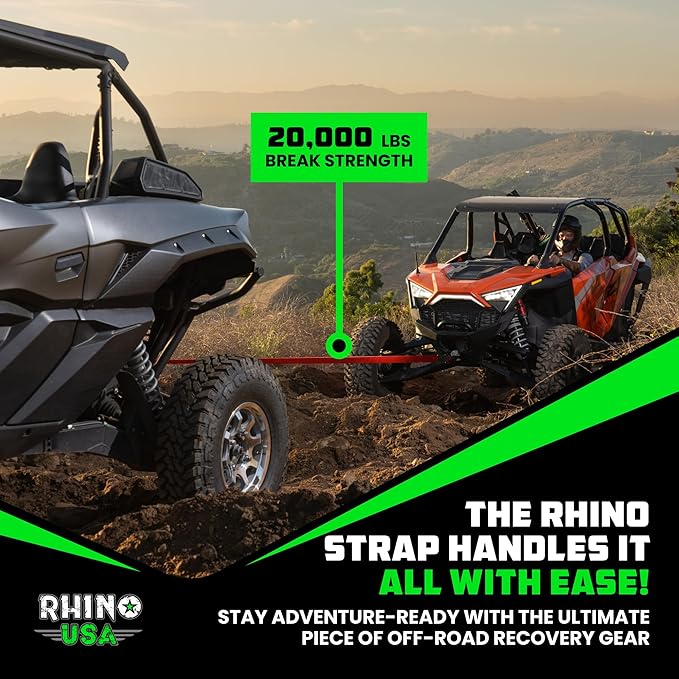 Rhino USA Recovery Tow Strap (2"x20')- 20,024lb Break Strength- Emergency Recovery Strap Tow Rope for UTV, ATV & More- Heavy Duty Towing Strap for Offroad 4x4 Use- Compatible with RZR and Can-Am (Red)