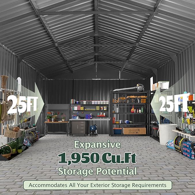 Domi 12'x25' Outdoor Metal Garage Shed, Weatherproof Enclosed Carport with Sidewalls & 2 Lockable Doors, Extra Large Backyard Storage Shed for Car, Truck,Lawn Mower, 80MPH Wind Resistance, Dark Grey