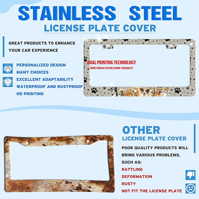 Dog License Plate Frame Pet Paw Prints Stainless Steel License Plate Holder for Front or Rear Car Tags Funny for Car Decoration Accessories with Screws 6.3 X 12.2 in for Women Men