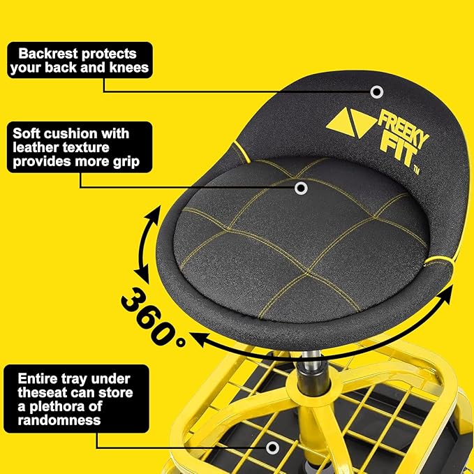 Rolling Shop Stool with Wheels, Garage Work Mechanic Stool with Backrest, Roller Mechanic Chair, Adjustable Height, 360° Swivel, Tool Tray Storage, 330 LBS Capacity, Heavy Duty, Yellow