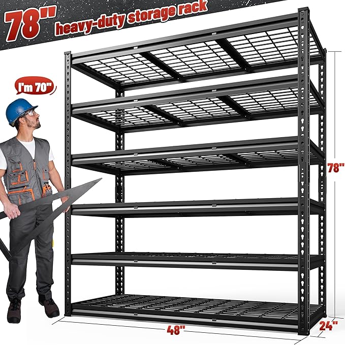 REIBII 3600LBS Garage Shelving 48" W Storage Shelves 6 Tier Garage Shelving Heavy Duty, Adjustable Metal Shelves for Warehouse, Basement, Pantry, 48" W x 24" D x 78" H
