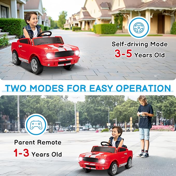Winado Licensed Shelby Electric Car for Kids, Battery Powered Ride On Toy for Toddlers with Remote Control, Upgrade Display Panel, Bluetooth, Shock Absorbers, Safety Belt, 3 Speeds, LED Lights - Red