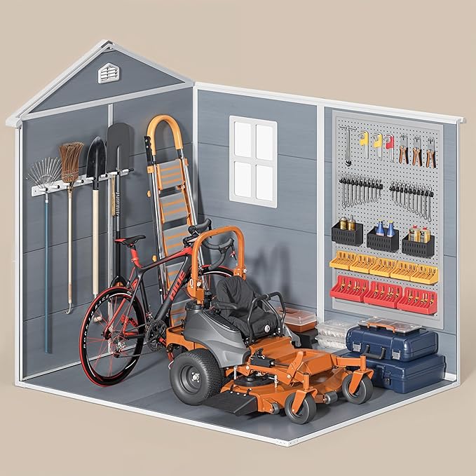 Gizoon 8x6 FT Outdoor Storage Shed with Floor, Resin Garden Tool Shed with Lockable Doors, Window, Vents, Reinforced Steel Frame, Waterproof Plastic Storage Sheds for Backyard, Patio, Lawn