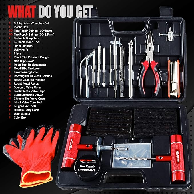 Heavy Duty Tire Repair Tools Kit - 108 PCS Set Truck Tool Box for Motorcycle, Car, ATV, Jeep, Truck, Tractor Flat Tire Plug Kit